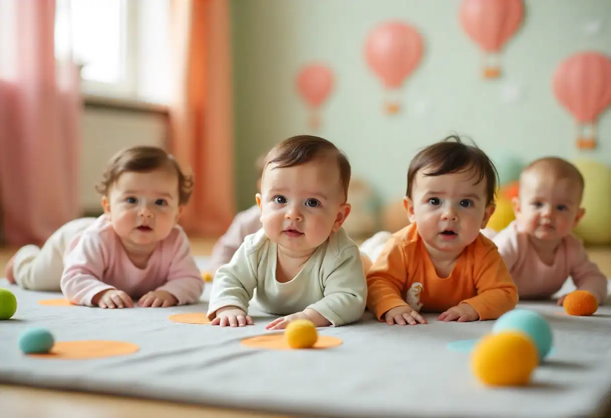 چهار نوزاد نوزاد 6 ماه در حال بازی حرکتی در کارگاه مادر و کودک ۶ ماه تا ۱۲ ماه