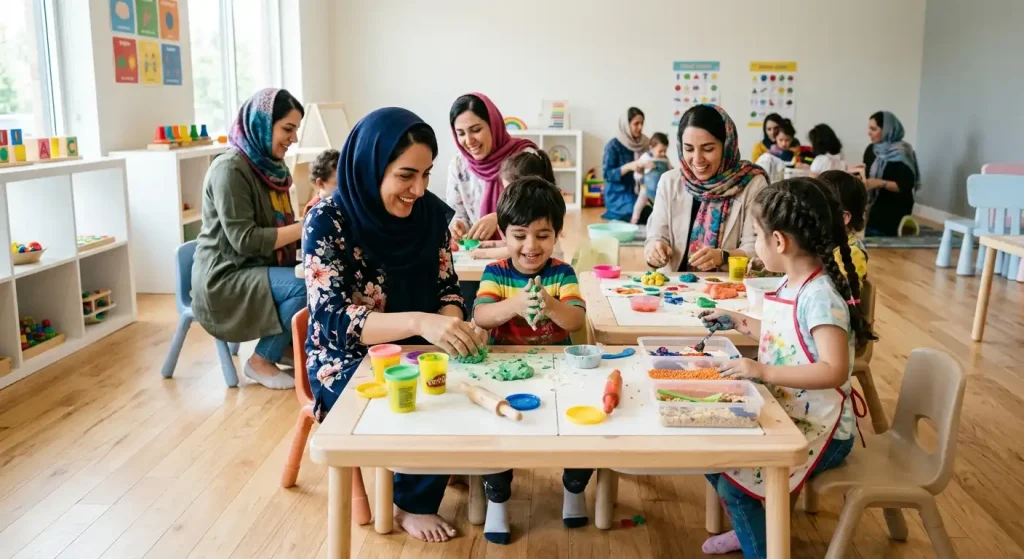 معرفی جامع انواع کارگاه مادر و کودک؛ دنیایی از کشف، بازی و رشد برای فرشتههای کوچک 1 کودکان در حال بازی در یکی از انواع کارگاه مادر و کودک