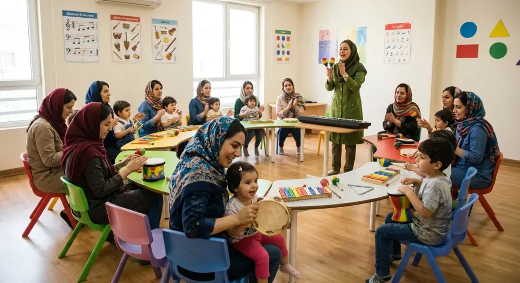 معرفی جامع انواع کارگاه مادر و کودک؛ دنیایی از کشف، بازی و رشد برای فرشتههای کوچک 2 تقویت هوش موسیقیایی در انواع کارگاه مادر و کودک